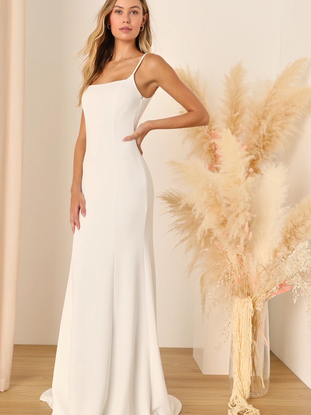 Lulu's Ivory Square-Neck Spaghetti-Strap Wedding Gown